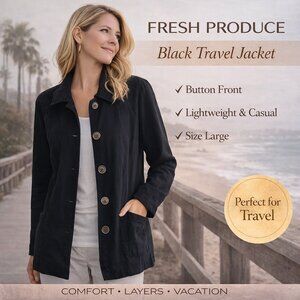 Fresh Produce Jacket  Black Button Front Lightweight Travel SZL Elevated Basic